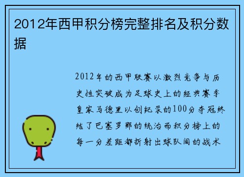 2012年西甲积分榜完整排名及积分数据