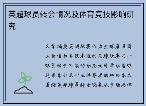 英超球员转会情况及体育竞技影响研究